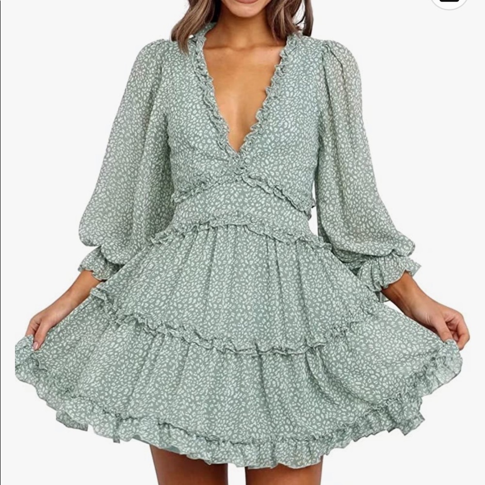 Fall/Summer Deep V Neck Ruffled Long Sleeve Floral Print Dress Size S